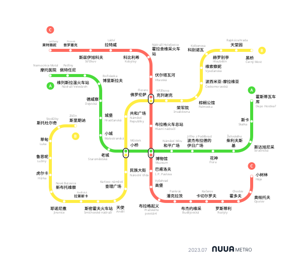 NUUA METRO SUBWAY 地铁路线图 布拉格 简体中文 汉语